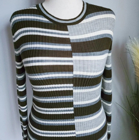 Theory, New, Wool Brown Multi-stripe Ribbed Lightweight Sweater, Size Medium - Picture 4 of 12